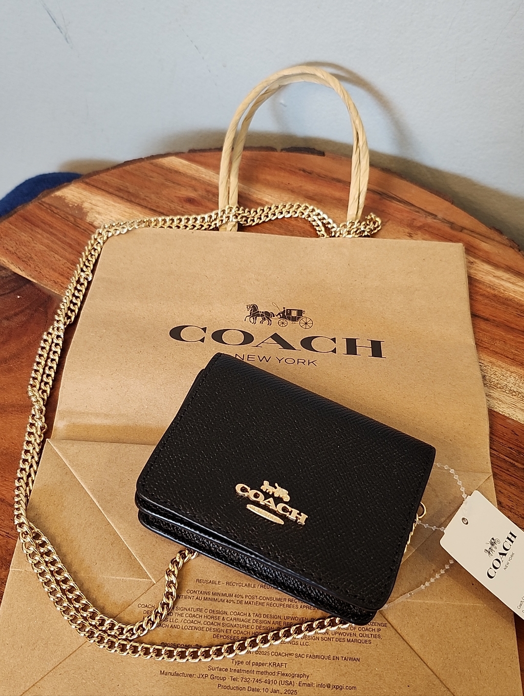 Coach Black Leather Small Crossbody Wallet With Gold Chain